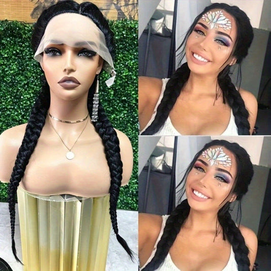 26 Inches Natural Black Synthetic Lace Front Wig High-Temperature Fiber Elegant Women's Braided Lace Front Wig, 13x4 Lace Front Wig with Hair, Versatile and Suitable for All 250 Density Rainbow