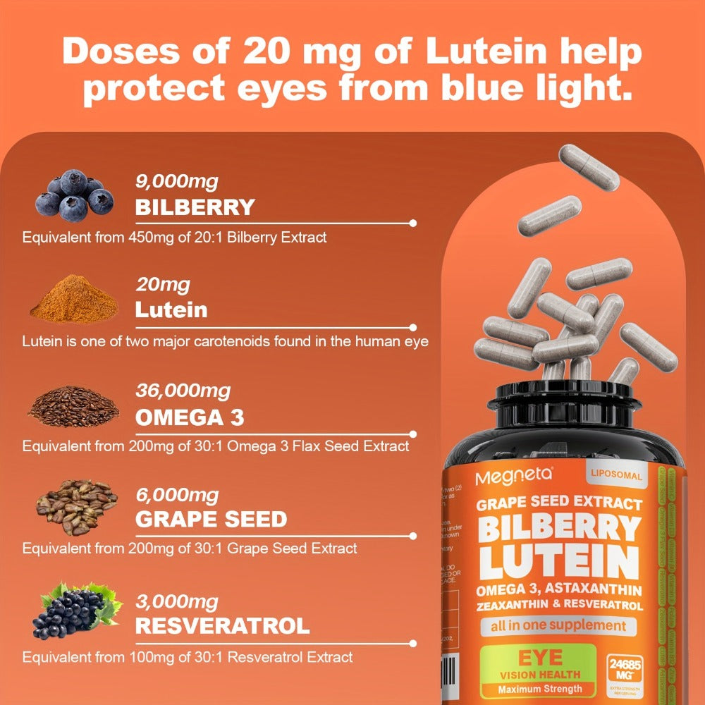 MEGNETA Eye Vitamins Lutein And Zeaxanthin Supplements, 24685 Per Serving | 60 Capsules, Enhanced with Astaxanthin, Omega-3, Bilberry And Resveratrol, Eye Vitamins & Vision Health Support
