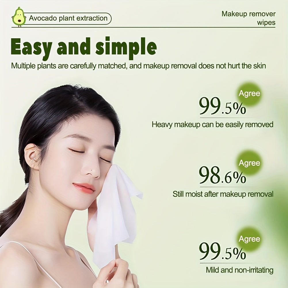2pack(160sheets)/4pack (320sheets) Avocado Scented Makeup Remover Wipes - Deep Cleansing, Hypoallergenic, Moisturizing, Suitable For All Skin Types, Travel-Friendly, Disposable, With Plant-Based Squalane