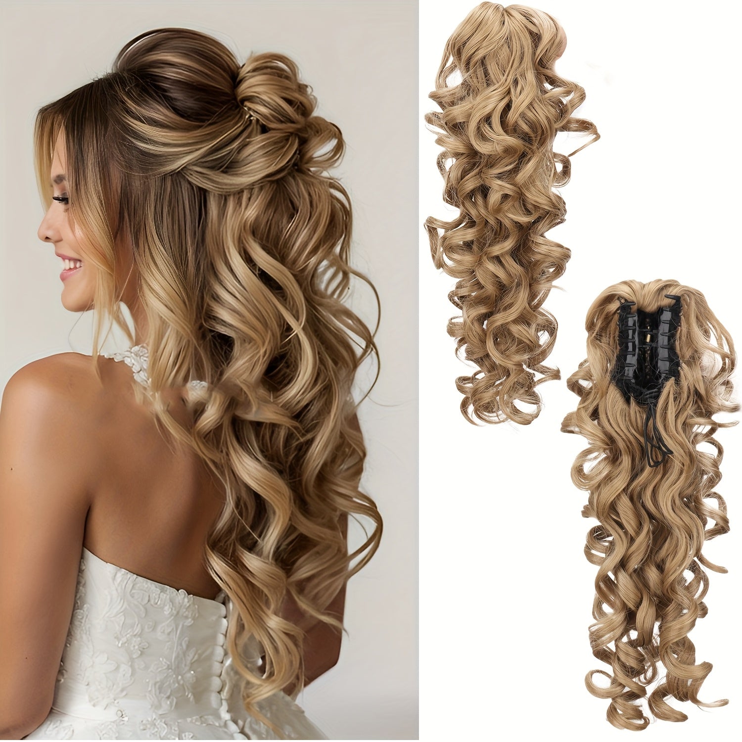 Elegant Curly Wave Ponytail Extension - Synthetic Heat-Resistant Hairpiece for Women, Dark Brown to Blonde Gradient, Voluminous Scroll Curls, Perfect for Daily Wear & Special Occasions