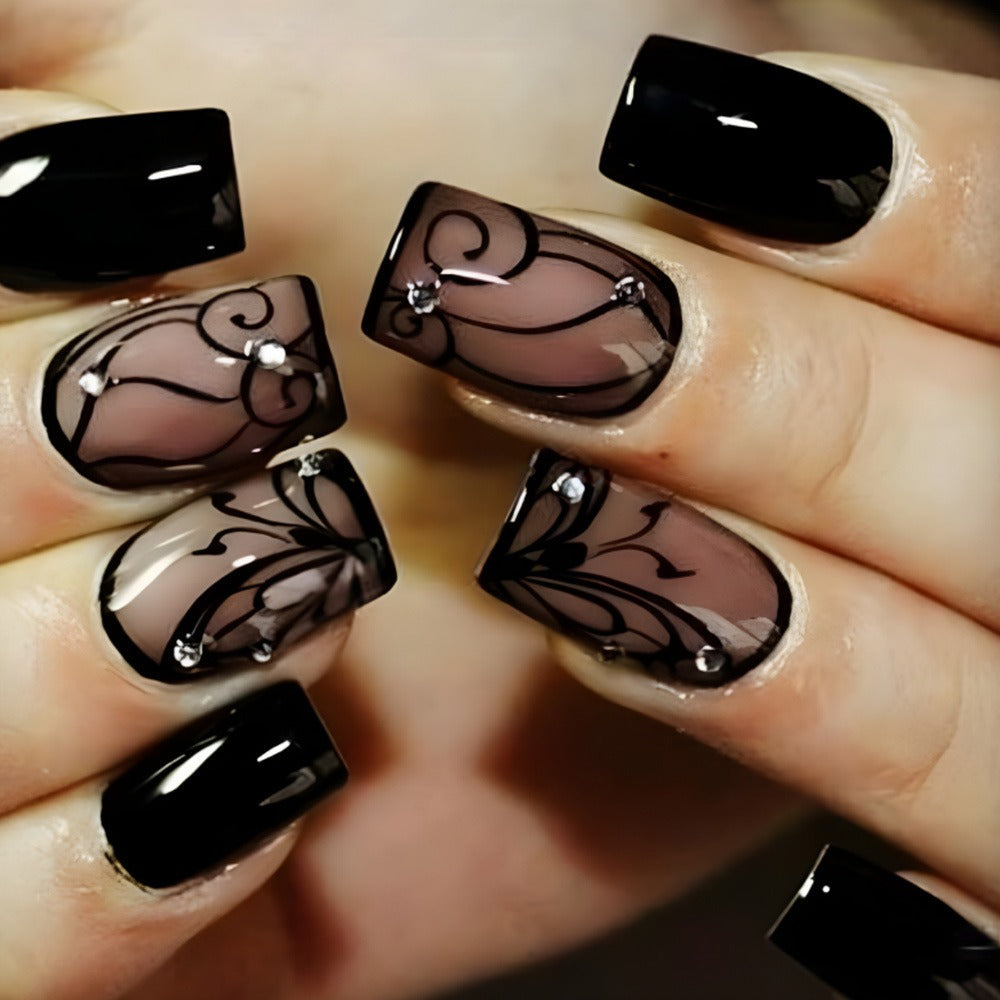 96 Pcs Black Press on Nails Short Square - Cute Summer Fake Nails Glossy False Nails Press ons Full Cover Nail Tips with Ice Cracks Design Acrylic Nail Kit Stick on Nails for Women