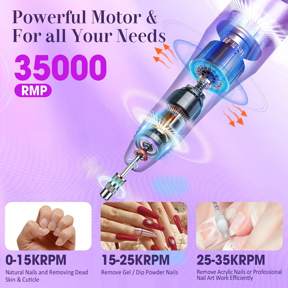 Electric Nail File with a 35000RPM Drill, Complete with 100 Sanding Bands And Various Bits, Suitable for Acrylic And Gel Nail Manicures And Pedicures