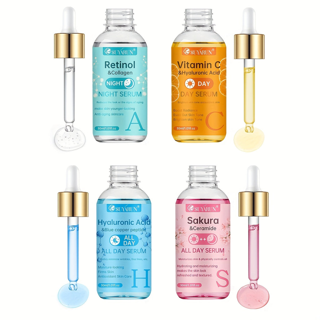 SUYARUN 4pcs Day And Night Vitamin C Retinol Hyaluronic Acid Cherry Blossom Ceramide Serum Set, with Collagen Aloe And Niacinamide, Brightens Light Beige, Firms Skin, Deeply Hydrates And Evens Light Beige. Unisex. Nourishing And Moisturizing