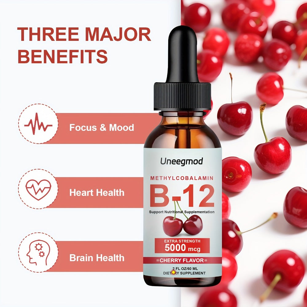 Uneegmod Vitamin B12 Liquid Drops 5000 Micrograms Cherry Flavor Sublingual B12 Drops Methylcobalamin Liquid Supplement Suitable for Both Men And Women 2 Fluid Ounces
