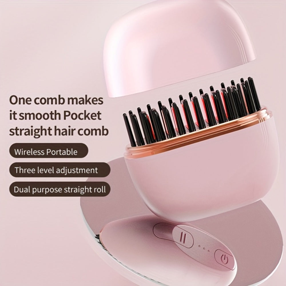 Mini, Compact & Portable Pocket-Sized Straightening Brush, Mini Hot Comb, USB Rechargeable, Mini Flat Iron, Bangs Styling, Lightweight Brush, Compact Design, Durable Construction, Fast, Styling Comb, Perfect for Students Busy Professionals