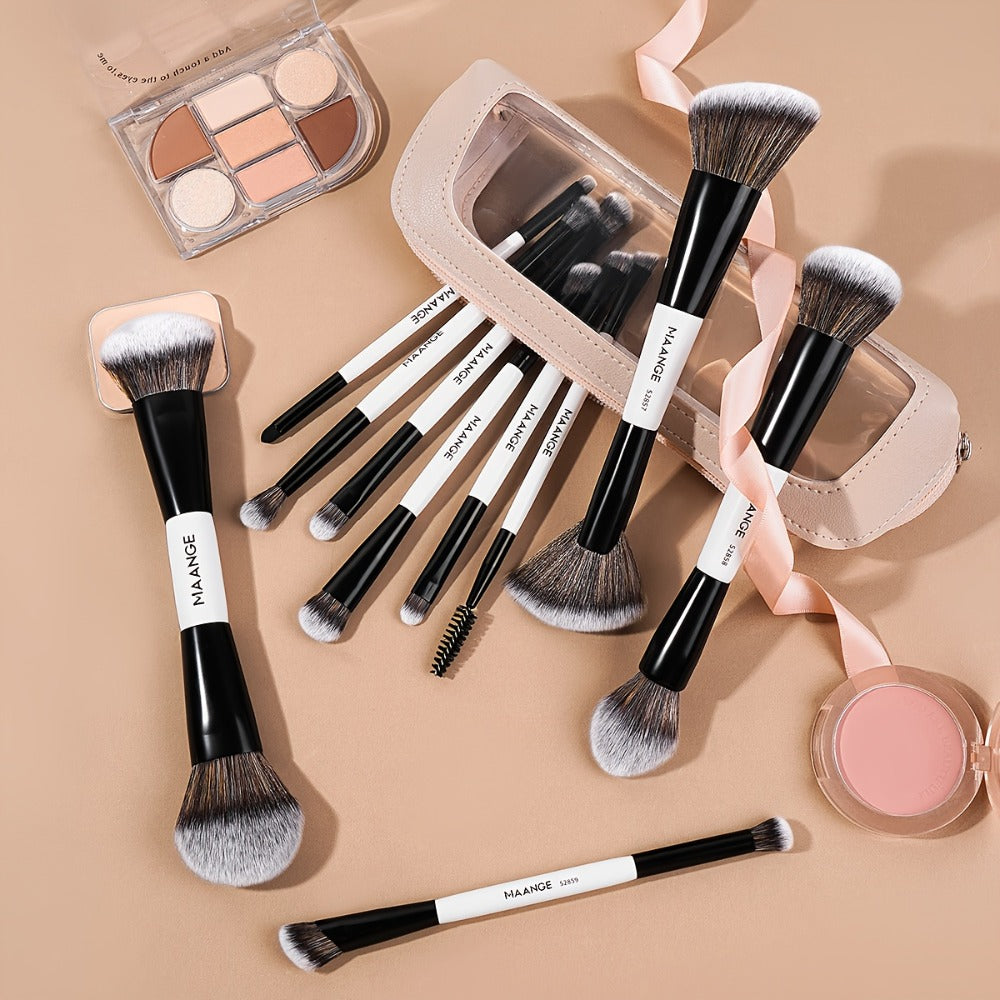 10pcs MAANGE Professional Double-Headed Blush And Eyeshadow Makeup Brush with Cosmetic Bag - Dual-Ended Facial Brush Suitable for Beginners And Pros, Soft Nylon Bristles, Non-Sticky Face, Precise Application for Powder/Products