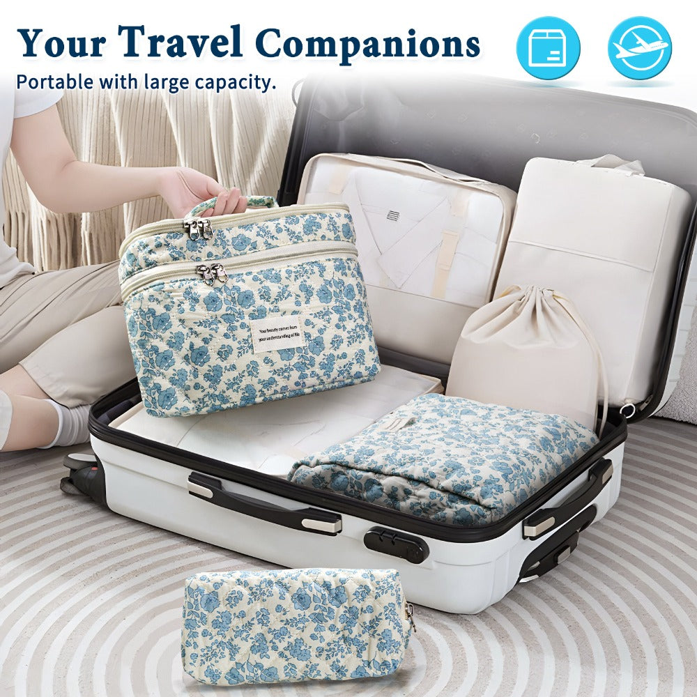 Large Capacity Dual Layer Cotton Makeup Cosmetic Bag (3PCS), Cute Quilted Travel Coquette Aesthetic Floral Make up Bag for Women Toiletry Bag (Blue Rose)