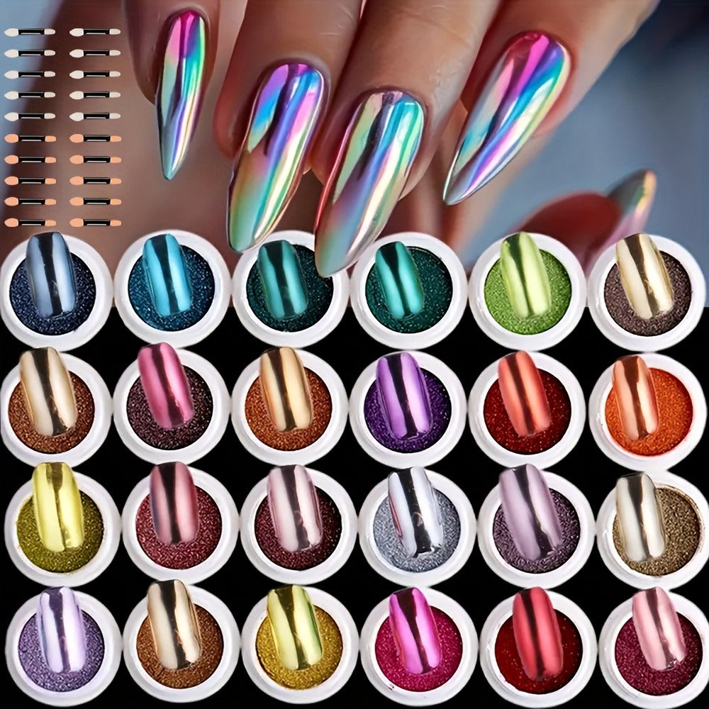 Magic Mirror Nail Art Powder 24 Colors Holographic Chrome Metallic Effect Reflective Glazed Manicure Decoration Rubbing Glitter Non-Discoloring Set