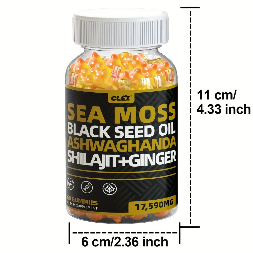 Sea Moss, Black Seed Oil, Ashwagandha, Ginger, Shila Gummies with Elderberry, Chlorophyll, Turmeric, Bladderwrack 1445mg, 60 Gummies | 1/2/3 Bottle