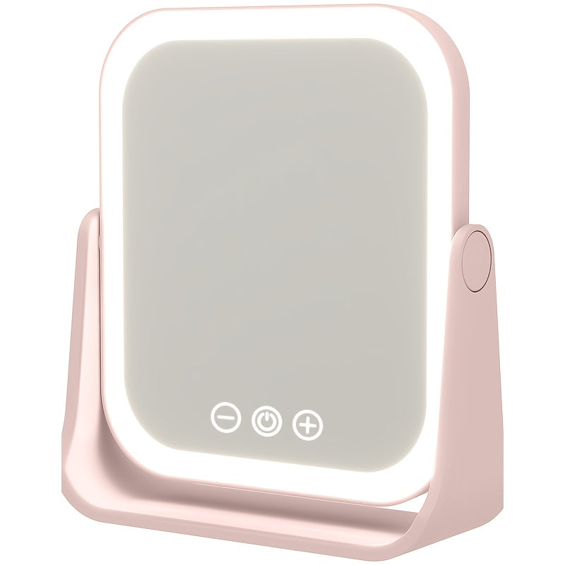 LED Makeup Mirror Folding with Touch Screen - USB Rechargeable Portable Vanity Mirror, Tri-Color Dimmable Lighting, Travel Desk Tabletop Use, Square or Round, Pink or White