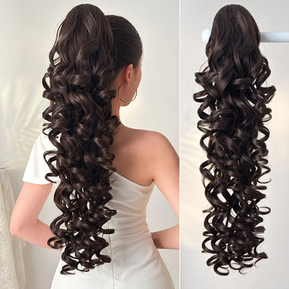 Ponytail Extension Curly 28 Inch Long — Heat Resistant Synthetic Clip In Wrap Around Hairpiece, Voluminous Bouncy Curls for Women Everyday Wear Parties Festivals