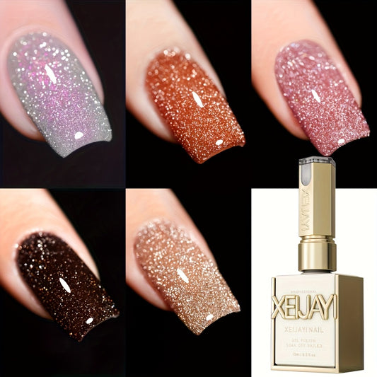Glitter Gel Nail Polish Set 5 Colors Pastel Sparkling Diamond Shimmer Soak-Off LED UV Gel Varnish Nail Art Kit Photo Frame Bottle Spring Summer Manicure Salon Home Gift for Women