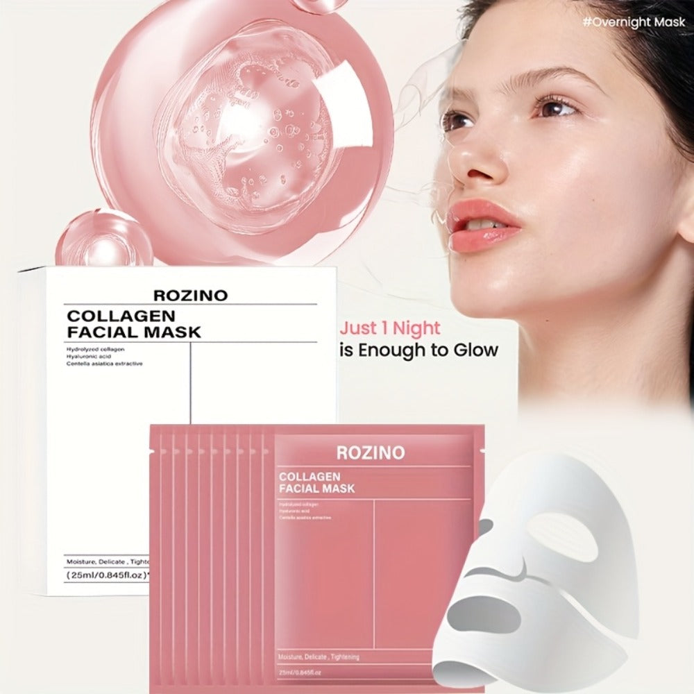 Collagen Sheet Mask Set 10pcs — Bio-Collagen Hydrogel Face Mask with Aloe Vera, Intense Hydration for Dewy Glowing Skin, Alcohol-Free Hypoallergenic, 25ml Each