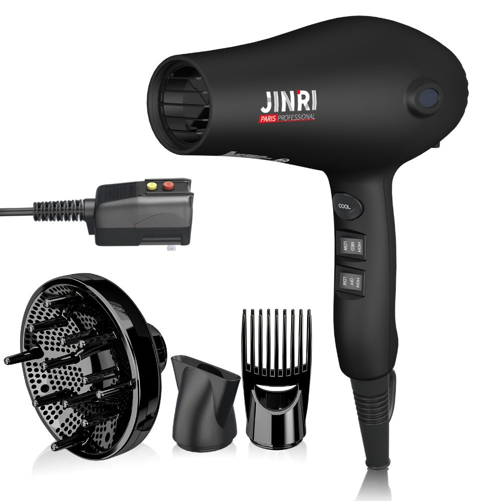 JINRI Professional Salon Ionic Hair Dryer with Diffuser & Concentrator Attachments, Ideal for Curly Hair - Black, 1875W, Non-Folding Handle, 1. 196.85inch-118.11inch Adjustable Cord, US Plug