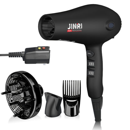 Professional Ionic Hair Dryer 1875W with Diffuser & Concentrator Attachments — Salon-Quality Blow Dryer for Curly Hair, Adjustable Cord, US Plug, Black