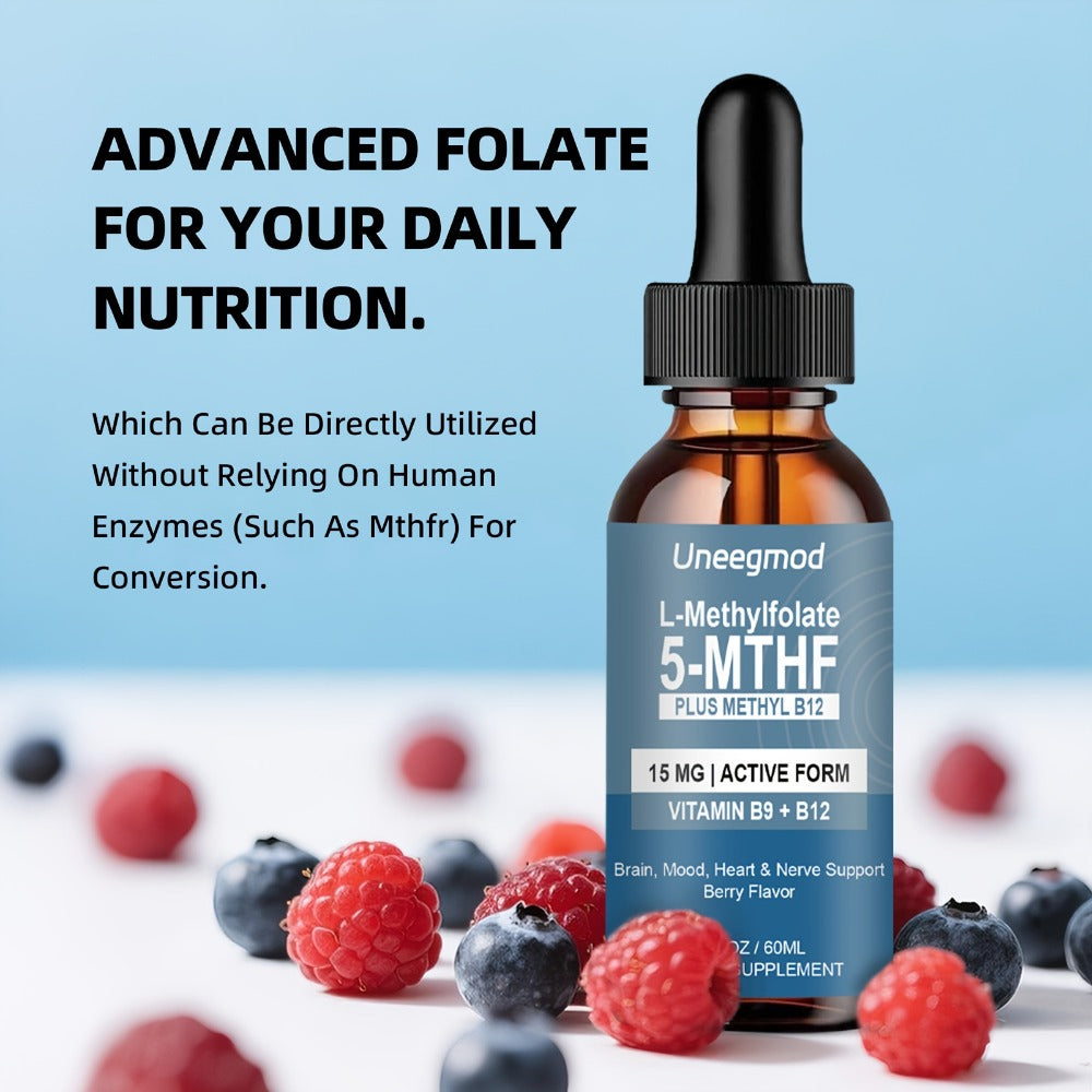 [L Methylfolate 15mg] Uneegmod L Methylfolate 15mg Methylated B9 Vitamin (5-Mthf) Active Folic Liquid Supplement Drops Acid-Enriched with Vitamins B12 Methylated Multivitamin 2fl.oz Gluten Free Berry Flavor