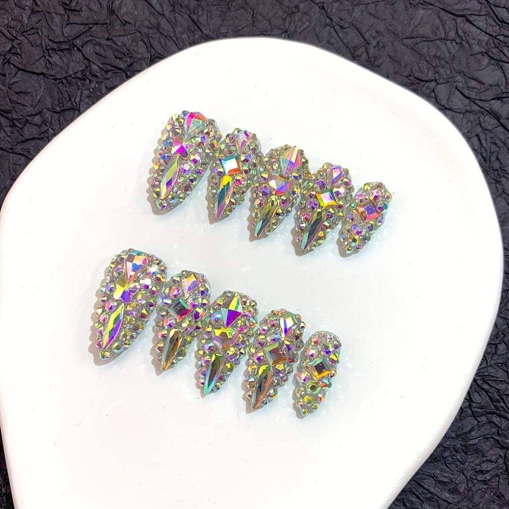 Fake Nails Almond Shape 10pcs Medium Length Glitter Strobe Color Block AB Crystal Rhinestone Press On Nails Kit with Nail File Cuticle Stick Sticker Pad for Party Wedding Date Everyday Wear S M L