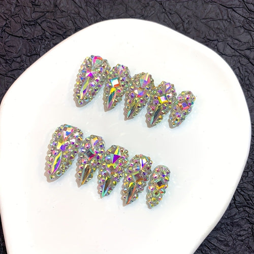 Fake Nails Almond Shape 10pcs Medium Length Glitter Strobe Color Block AB Crystal Rhinestone Press On Nails Kit with Nail File Cuticle Stick Sticker Pad for Party Wedding Date Everyday Wear S M L