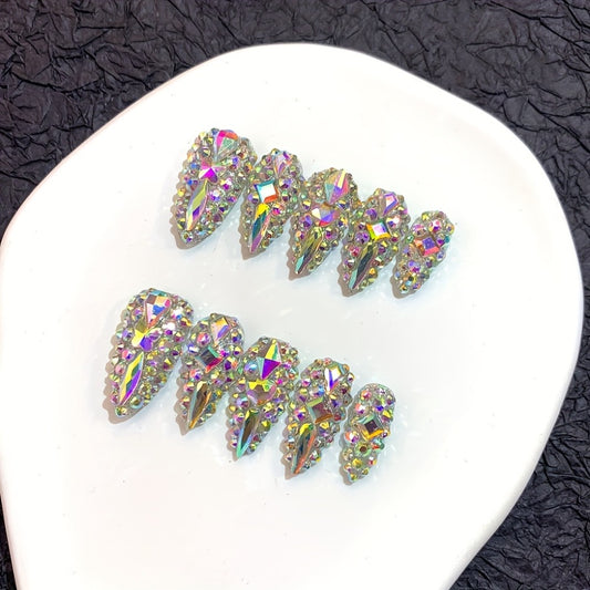 Set of 10 Handcrafted Almond-Shaped Press-On Nails, Medium Length, Featuring a Mix of Glitter And Strobe Finishes, Color-Blocked Tips Adorned with AB Crystal Rhinestones, Perfect for Parties, Dates, And Birthday Presents