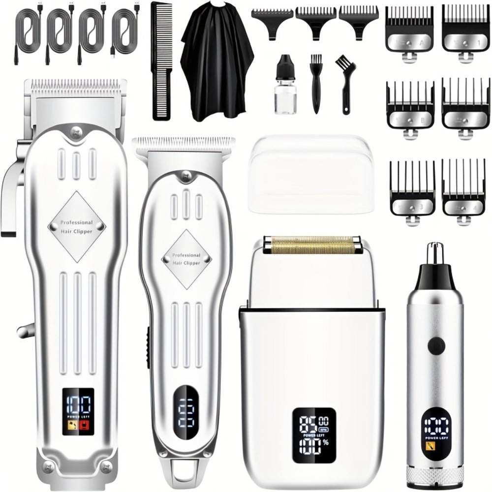 Men's Professional Hair Clipper Combo Set - Foil Shaver, Detail Trimmer, Adjustable Blades - USB Rechargeable, LCD Display, Complete Accessories for Home/Barbershop