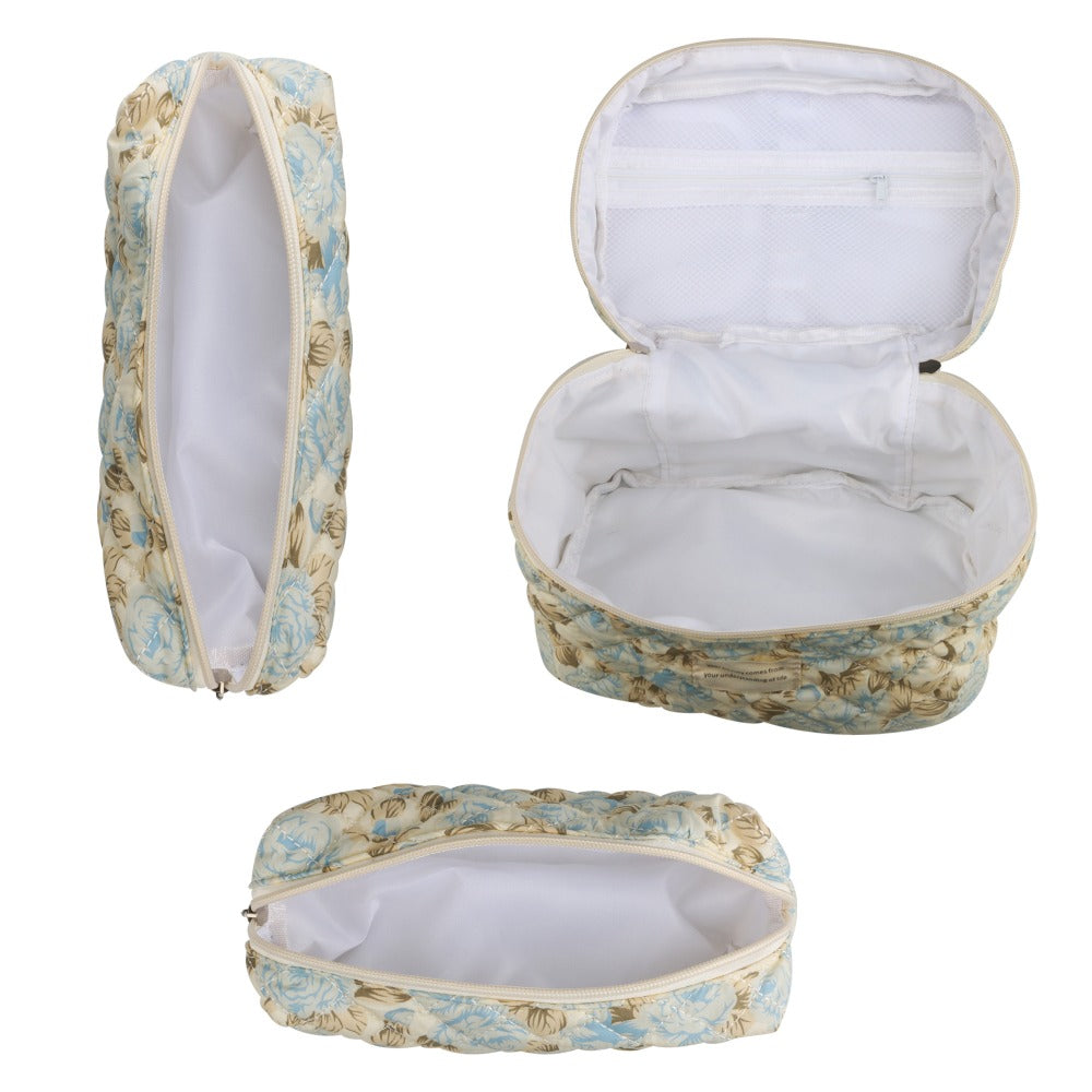 Large Capacity Dual Layer Cotton Makeup Cosmetic Bag (3PCS), Cute Quilted Travel Coquette Aesthetic Floral Make up Bag for Women Toiletry Bag (Blue Rose)