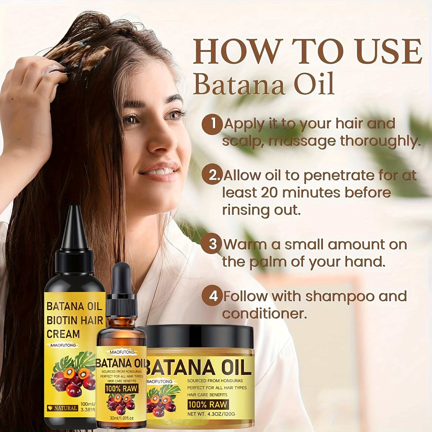 This 3pcs Set Includes Honduran Battana Hair Cream, Battana Hair Oil, And Battana Essential Oil. Made With Pure Cold-pressed Extracts, It'S Suitable For All Hair Types, Adds Shine, And Is An Essential Hair Care Set For All Seasons.