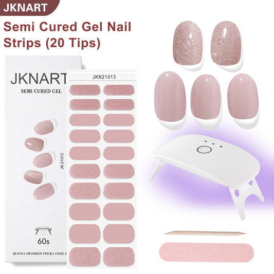 Nail Art Kit, Includes 20 Semi-d Nail Stickers, High-power Portable Lamp, Gel Stickers, Full-coverage Semi-baked Nail Stickers, Second-generation Semi-d Soft Gel Nail Patches That Require Under a Lamp, Nude Gel Nail Stickers, Suitable for Party Gifts