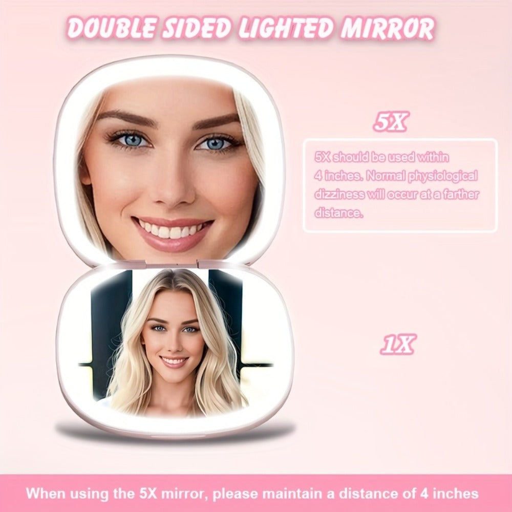 1X/5X Magnification 3 Colors LED Light Compact Travel Makeup Mirror with Light, One Side Magnifying Mirror And One Side Normal Mirror, Travel Portable for Purse And Travel Office Gift, Suitable for Makeup And Dressing Table.