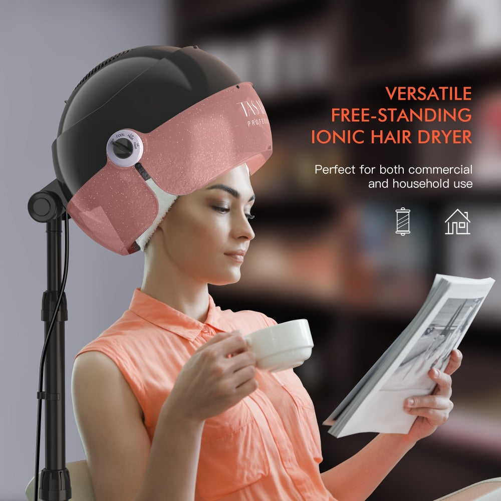 Ionic Hooded Hair Dryer, 1875W Professional Standing Hair Dryer Bonnet with 3 Temperature Settings, Height Adjustable Rolling Hair Dryer On Wheels, Sit Under Hair Dryer for Home & Salon