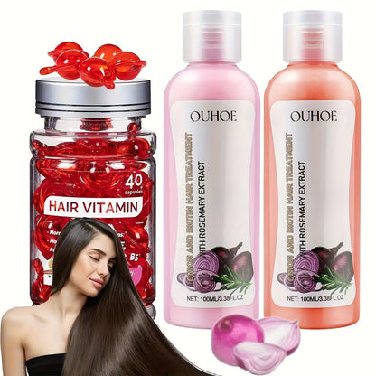Rosemary Shampoo Set 3pcs — Onion Biotin Shampoo & Conditioner + Hair Vitamin Serum Capsules with Moroccan Macadamia & Avocado Oil | No-Rinse Hair Growth Kit