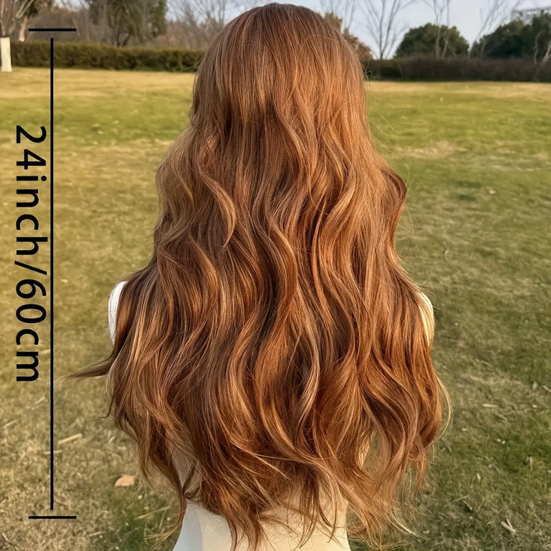 Women's 24-Inch Highlighted Brown Wavy Wig with Bangs-Soft Heat-Friendly Fibers, Natural Volume, Easy to Style, Great for Everyday Use, Parties & Cosplay