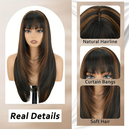 Lace Front Wig with Curtain Bangs Glueless Long Straight Synthetic Wig 26 Inch Pre-Bleached Lace Realistic Scalp Natural Hairline Multi-Color Women Daily Wear