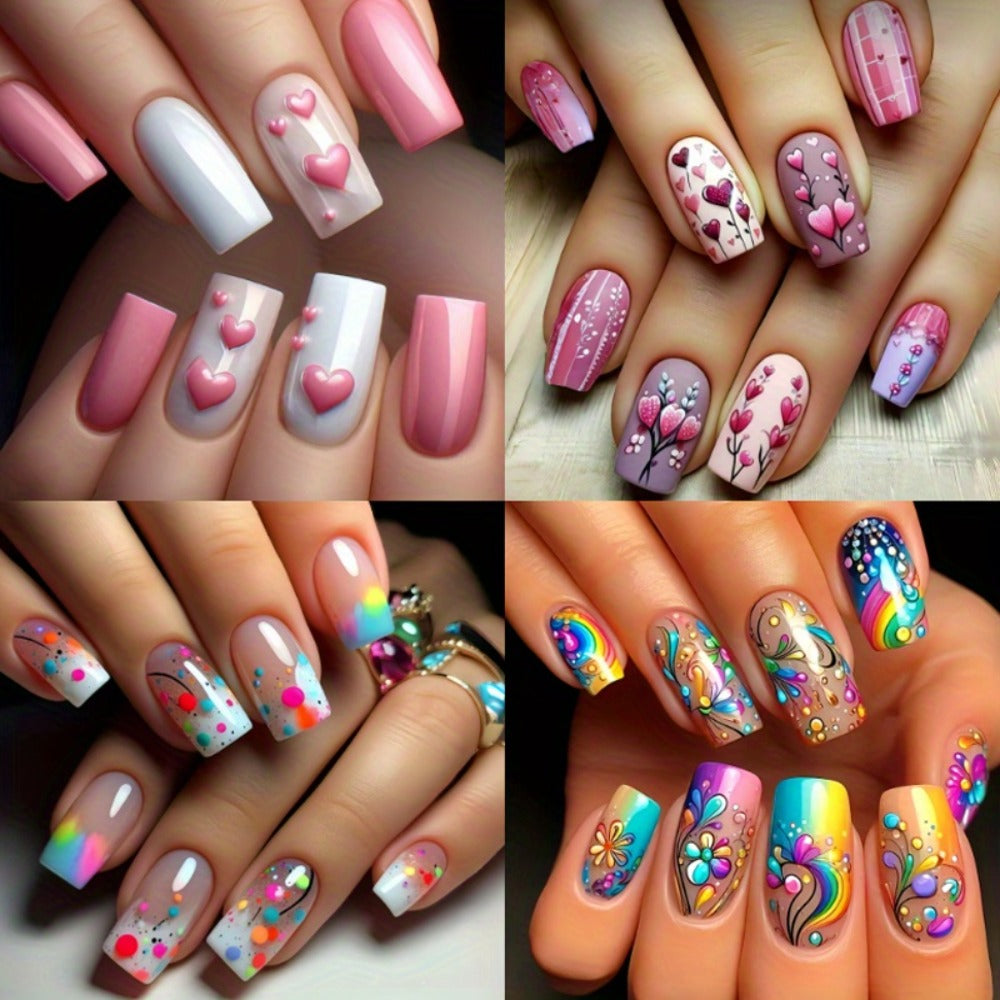 Set of 96 Almond-Shaped Press-On Nails (4 Packs) Featuring Sparkling Hearts And Glitter Details - Comes with Jelly Adhesive Tabs And a Nail File - Ideal for Valentine'S Day
