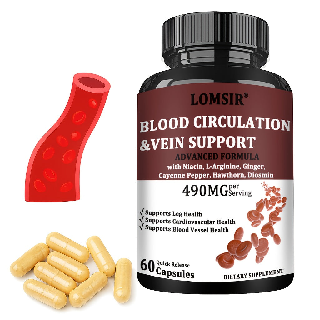 Blood Circulation Supplement, Supports Leg Vein, Heart, Vessels And Cardiovascular Health with Niacin, L-Arginine, Ginger, Cayenne Pepper, Hawthorn, Diosmin, Blood Flow Pills - 60 Capsules