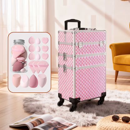 Rolling Makeup Train Case 3-in-1 Large Capacity Cosmetic Trolley with Swivel Wheels Lock Key Makeup Sponges Set Salon Barber Travel Cart Trunk for Professional
