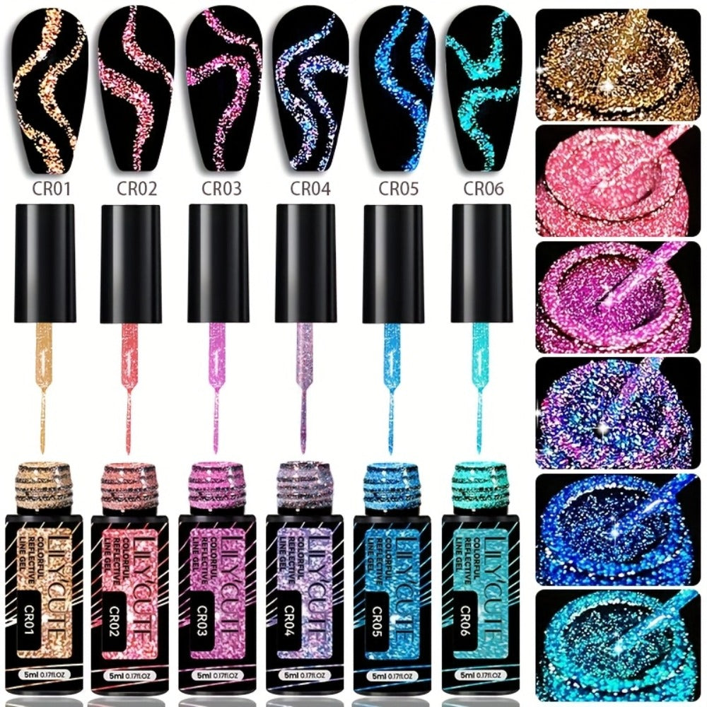 LILYCUTE 0.17oz 3pcs/Set Colorful Reflective Line Gel Nail Polish Super Bright Sparkling Glitter Ultra-thin Pull Line Drawing Painting Nail Art Graffiti Stripe Gel