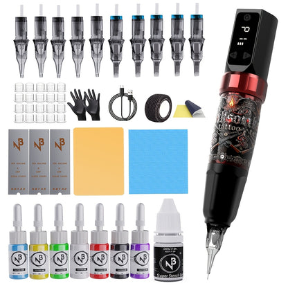 Wireless Tattoo Machine Kit 1500mAh Power Supply - INKSOUL Complete Set 10 Needles 7 Ink Bottles Mixing Cups Transfer Paper Tattoo Supplies for Beginners & Masters TM-94