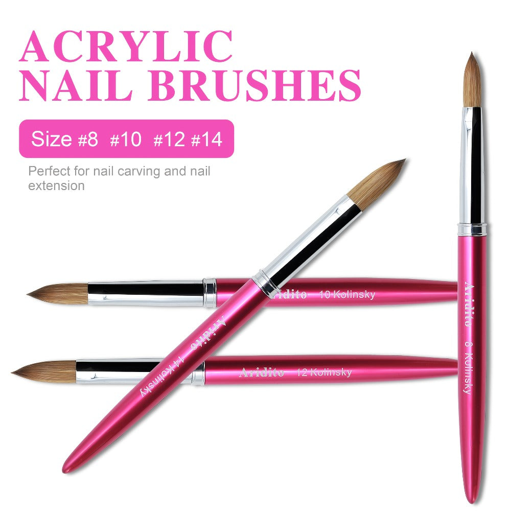 Aridito Professional Acrylic Nail Brush with 100% Kolinsky Hair - Flat Shape, Rose Red Handle & Cap for Manicure and Pedicure (Sizes 8, 10, 12, 14), Nail Art Accessories | Sleek Finish | Kolinsky Hair Bristles