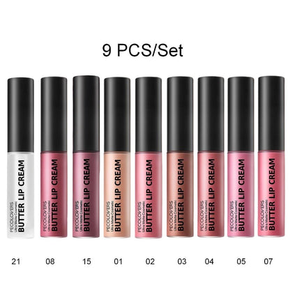Lip Gloss Set 9pcs Moisturizing Lip Glaze Long Lasting Non-Greasy Liquid Lipstick with Mirror - Berry Pink Red Glossy Lip Color Gift for Women