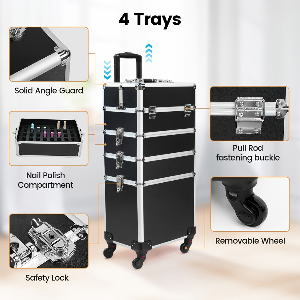 Black 4-In-1 Rolling Makeup Train Case with Makeup Sponges Set, Portable Cosmetic Trolley with Ample Storage for Professionals, Features 360° Swivel Wheels, Ideal for Salon And Travel Use