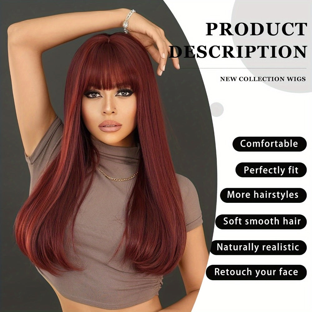 Long Straight Synthetic Wig with Bangs 28 Inch Burgundy Wine Red Heat Resistant for Women Daily Wear Holiday Party Cosplay Natural Look