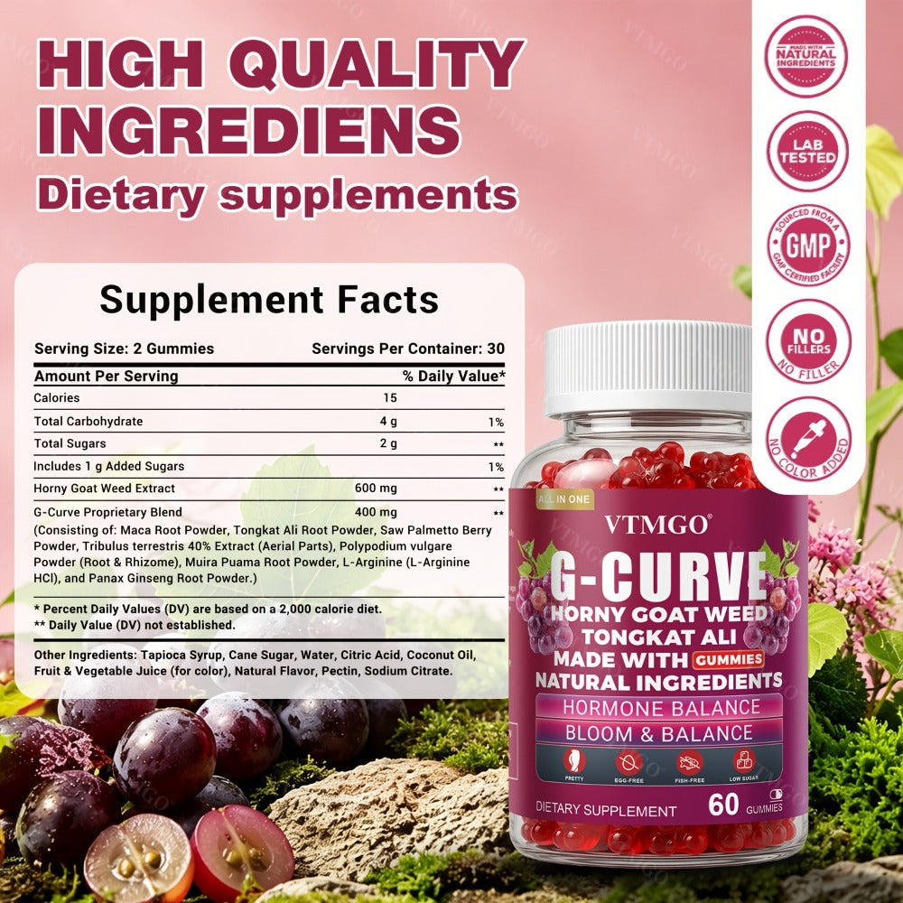 G-CURVE GUMMIES- Rounder, Volumized. Natural Botanical Blend with Maca, Saw Palmetto Berry Powder, Tribulus Terrestris Extract, L-Arginine. It Is A Gift for Women. Life - Confident, Elegant And Beautiful. Grape Flavored (60 Count) (1/2/3 Bottles)