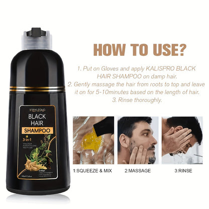 Gray Hair Coverage Shampoo 3-in-1 — Black Hair Dye with Herbal Plant-Based Formula, Moisturizing & Nourishing, Fast Color Results for Men & Women, 500ml (16.91oz)