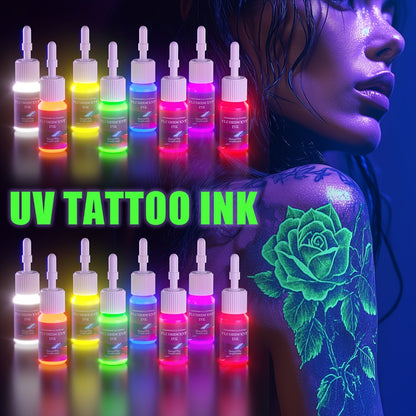 Glow in the Dark Tattoo Ink Set 8 Colors by DMTATTOO – Fluorescent UV Reactive Body Paint Ink 5ml Each | White Red Orange Green Yellow Purple Blue Pink 8pcs