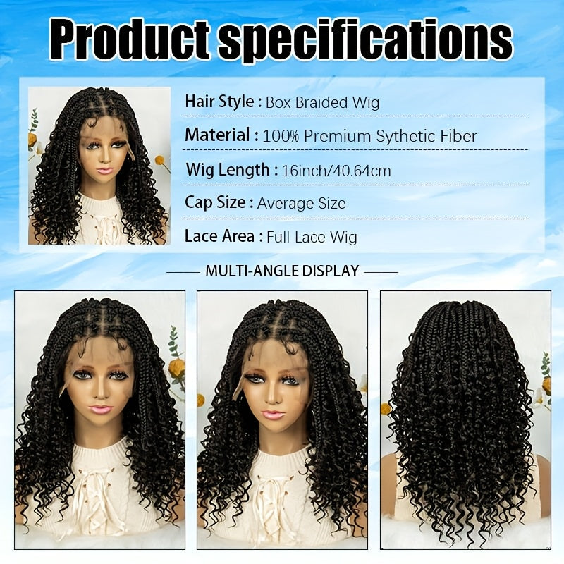 14-16inch Bohemian Style Square Woven Wig - Knotless Goddess Braided Wig with Curly Full Lace Square Synthetic Braid Wig Featuring, Suitable for Women, Natural Black Braided Lace Front Wig.