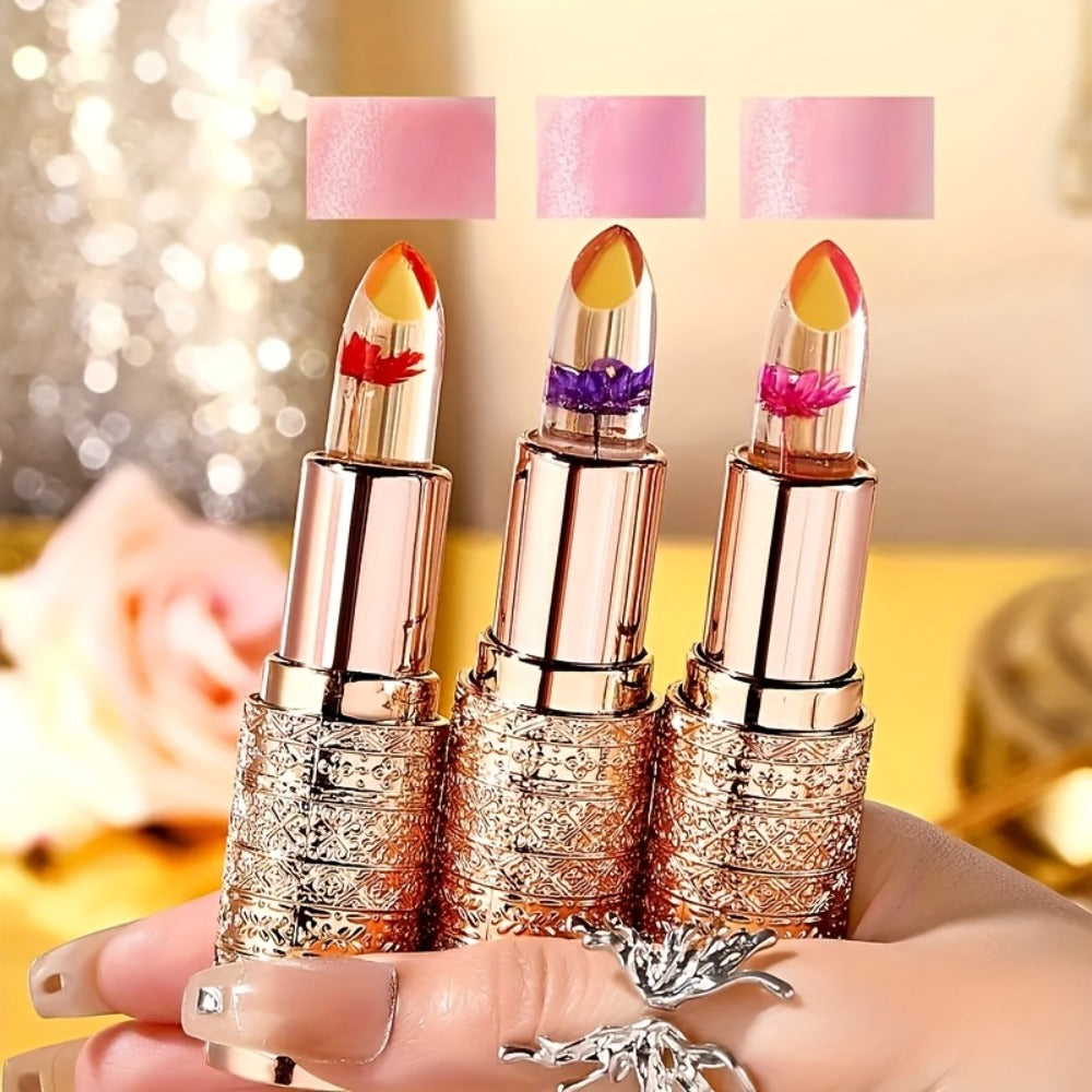 Color Changing Lip Gloss Set 3 Pcs - Temperature Magic Pink Tint, Crystal Jelly Balm & Lipstick Combo, Plant Squalane Moisturizing, Natural Hydrating Lip Makeup, Valentine's Day Christmas Gift