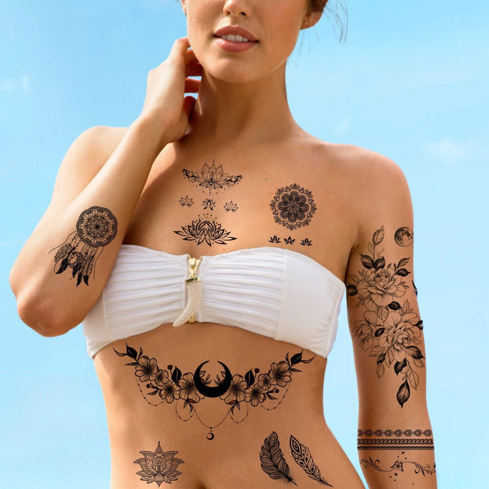 Fake Tattoos for Women 60+ Pcs with 10 Large Realistic Body Art Designs, Waterproof Temporary Tattoos for Chest Neck Underboob, Party Festival Swimming Tattoo Stickers