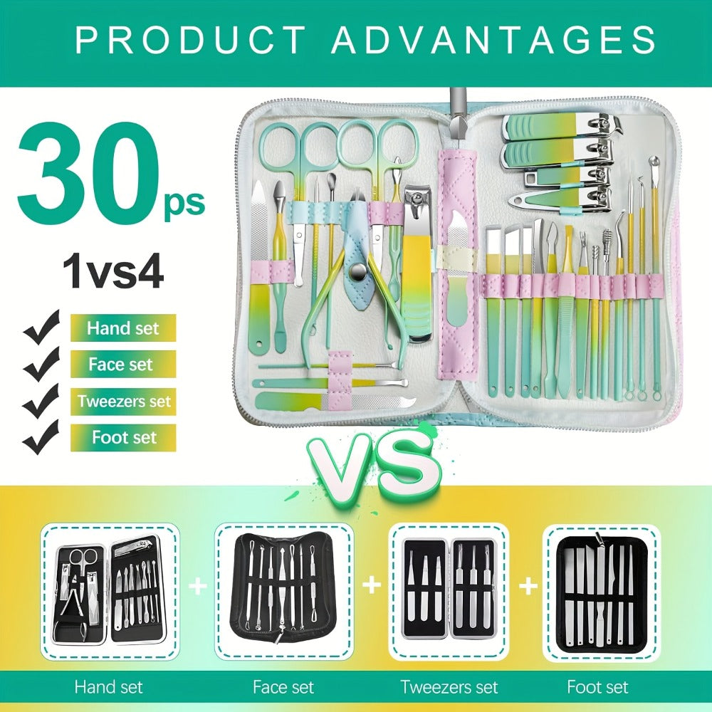 30pcs Nail Clipper Set, Men'S And Women'S Toe Clippers, Personal Care Tools, Nail And Foot Tool Beauty Kit, Gift For Men'S And Women'S Family And Friends, Comes With Portable Travel Box (Gradient)