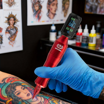 Rotary Tattoo Pen Kit Complete Set - LCD Display Screen, 8H Battery, 10/20 Cartridge Needles, Cordless Wireless Tattoo Machine for Beginners & Professional Artists, Black/Red