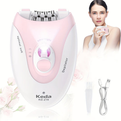 Electric Epilator for Women USB Rechargeable 2-Speed Painless Hair Removal – Stainless Steel Blades Cordless Portable Body Hair Remover for Legs Bikini Line Face, Ergonomic Pink Design, Gift for Her